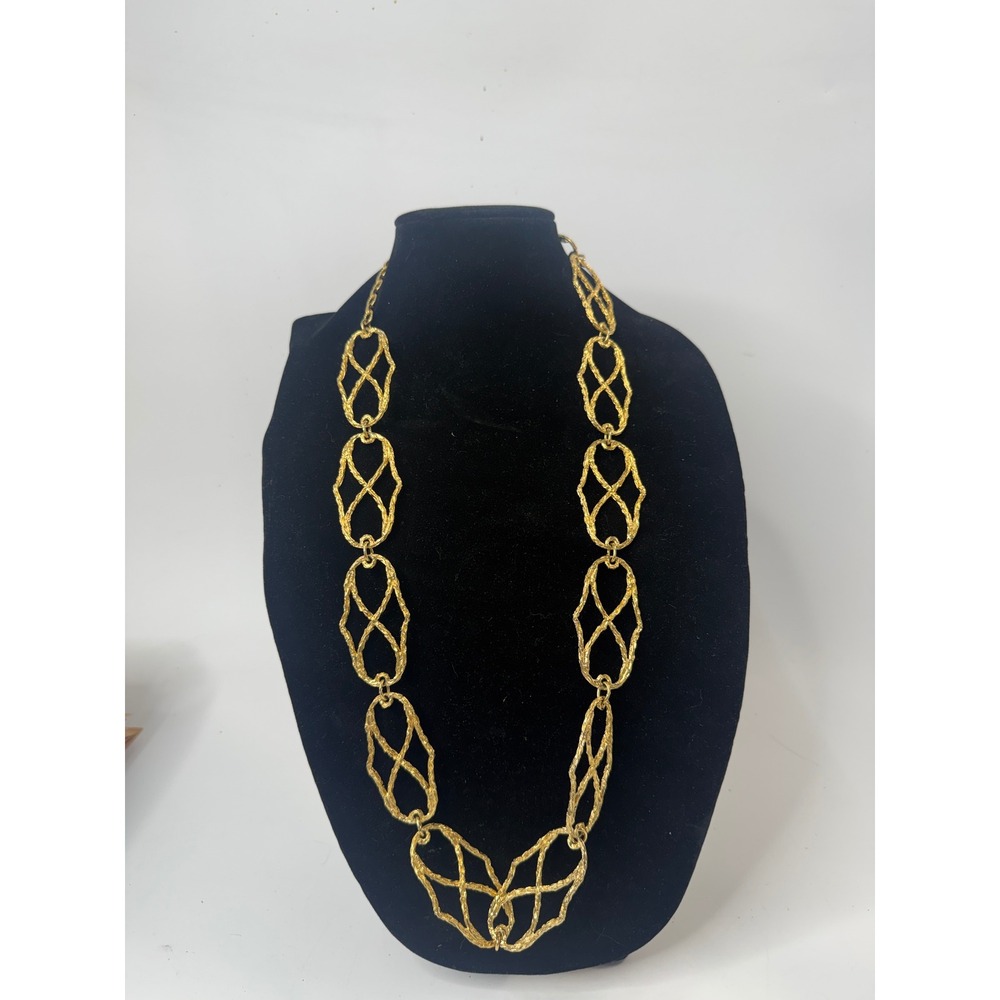 Vintage Gold Tone Textured Open Link Statement Necklace Organic Cage Design